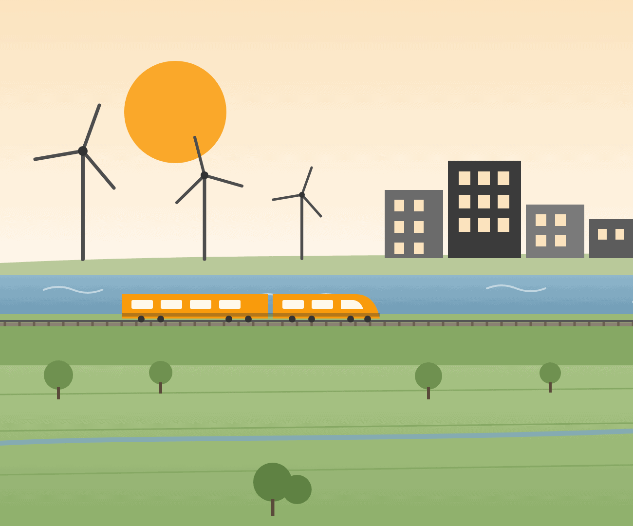 Illustratie van een transitielandschap: een trein op de dijk, water, windmolens en gebouwen
